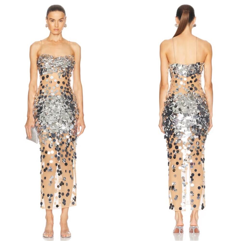 RETROFETE Mischa Sequin Embellished Sheer Silver Mirrored Maxi Dress Size M - Picture 2 of 9